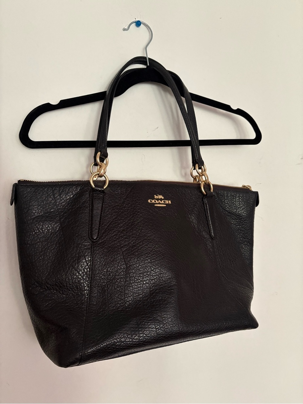 Coach Black Leather Tote with Gold-Tone Accents